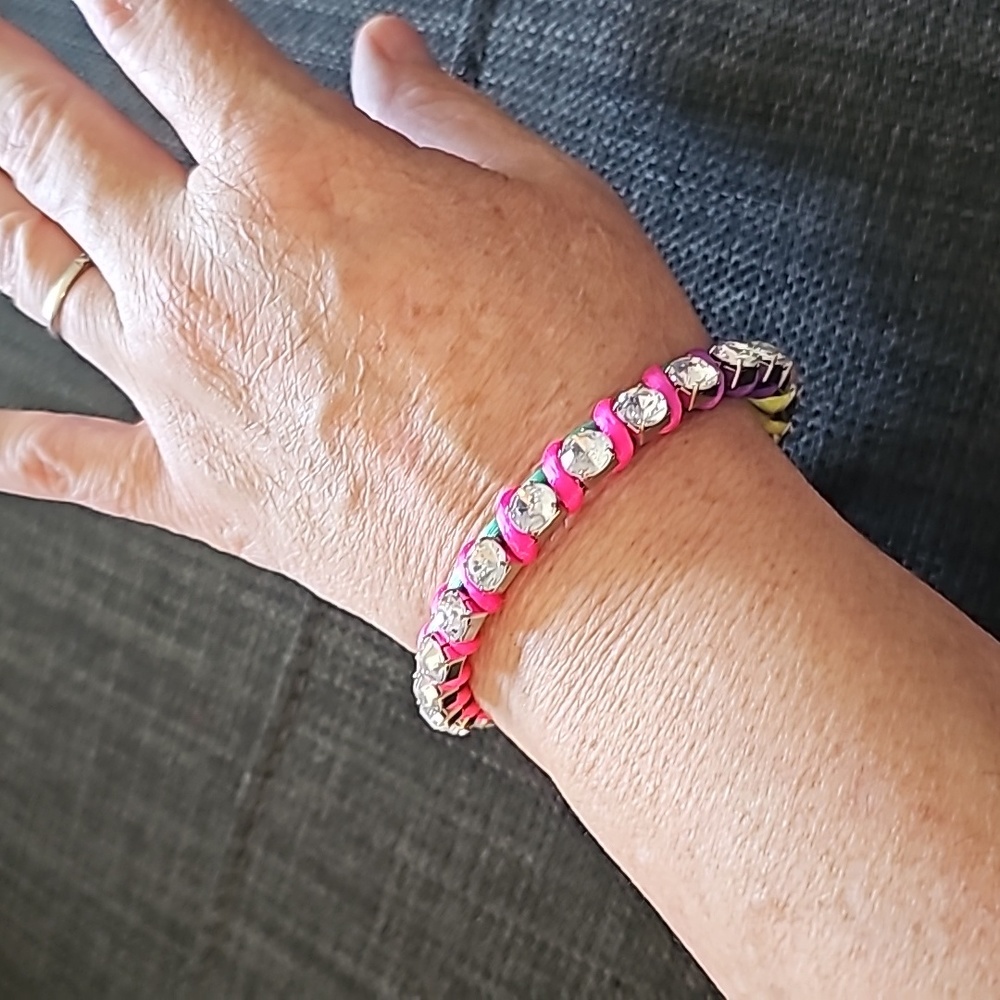 Metal, Rhinestone and Satin Cord Bangle Bracelet B